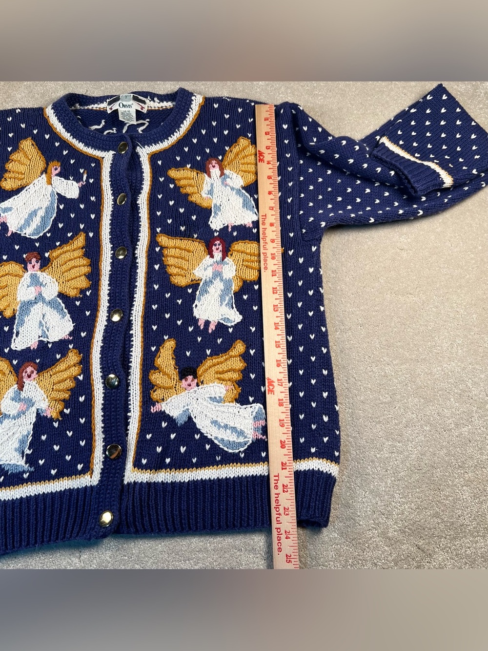 Vintage Orvis Sweater Cardigan Embroidered Angels Button Front Blue 14/16 - Picture 6 of 10